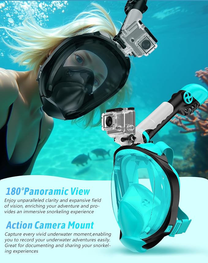 Full Face Snorkel Mask for Adults, 180° Panoramic Anti-Fog Snorkeling Gear with Dry Top System & Camera Mount, Foldable Anti-Leak Design for Travel, Swimming & Ocean Snorkeling