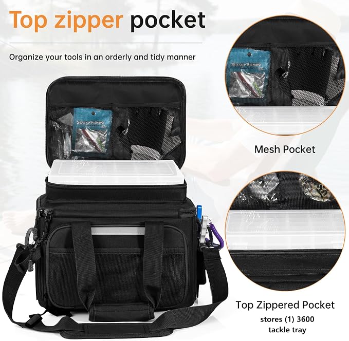 Fishing Tackle Bags with 4 * 3600 Tackle Trays - Saltwater & Freshwater Fishing Gear Bag Padded Shoulder Strap Tackle Box Bag (Black)