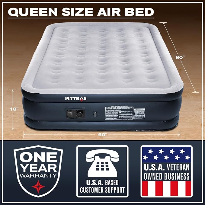 Pittman Outdoors Queen Air Mattress – 18” Black Double High, Queen Air Mattress with Built in Pump, 600lb Capacity, Portable Inflatable Bed with Carry Bag, Blow Up Mattress for Guests, Home & Travel