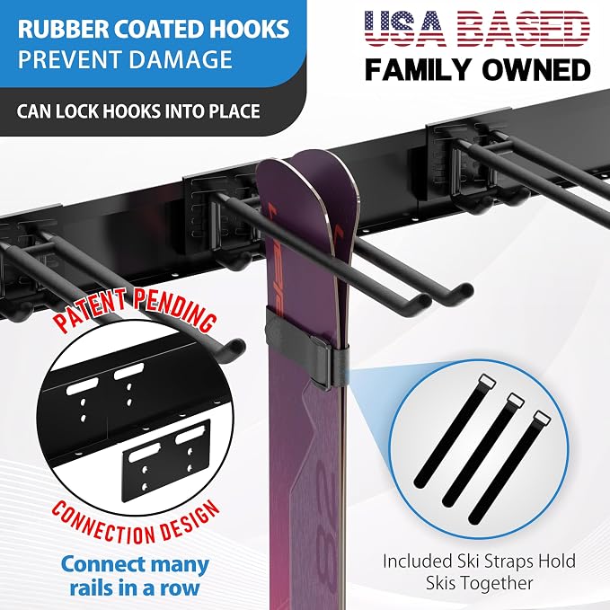 USA Based Ski Rack Wall Mount, Holds 6 Pairs for Ski Storage Rack, Snowboard Hanger & Ski Holders for Wall Storage Racks for Garage, Ski Hangers for Wall Holds Up to 75lbs, 3 Hooks Black