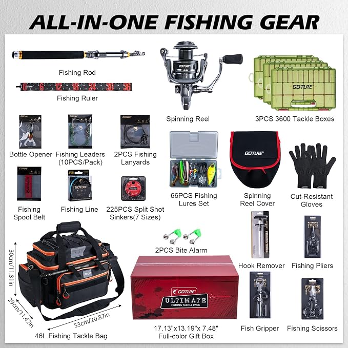Goture Telescopic Fishing Rod and Reel Combo with Carrier Bag,1.8M-2.7M | Carbon Fiber Pole,5.2:1 Spinning Reel,Line,Pliers,Fish Gripper,Scissors,Lures Set, for Starter Travel Saltwater Freshwater