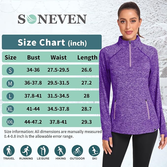 Soneven Women's Thermal Fleece Running Shirts Warm Winter Pullover Cold Weather Workout Hiking Tops with Thumb Holes Pockets