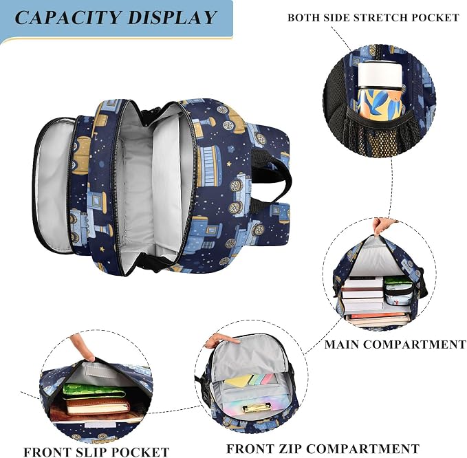 Fisyme Trains Cute Blue School Backpack Laptop Backpacks Bags Bookbag Travel Casual Computer Notebooks Daypacks