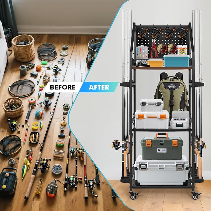 Fishing Pole Holders for Garage,3 Tiers Fishing Rod Rack,Holds up to 12 Rods,Fishing Organizer with Pegboard&Hooks&Lockable Wheels,Fishing Pole Storage for Reel Combos/Tackle/Fishing