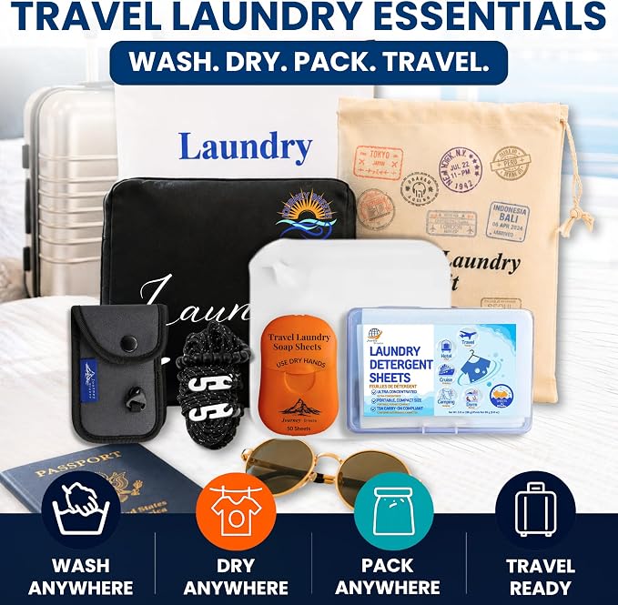Travel Laundry Detergent Sheets Kit – 2-Size Travel Detergent Sheets + Lightweight Clothesline, Universal Sink Stopper & Foldable Laundry Bag Great for Hotels, Cruises, Camping & Trips