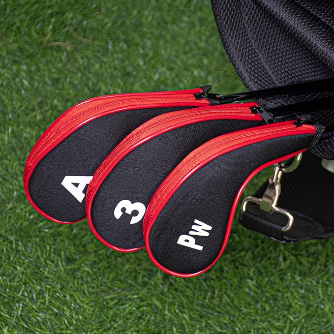 Golf Club 12pcs Thick Synthetic Zipper Long Neck Set Headcover Fit The Most Brands, Side Number Golf Iron Club Head Cover LW SW PW Covers #3,4,5,6,7,8,9