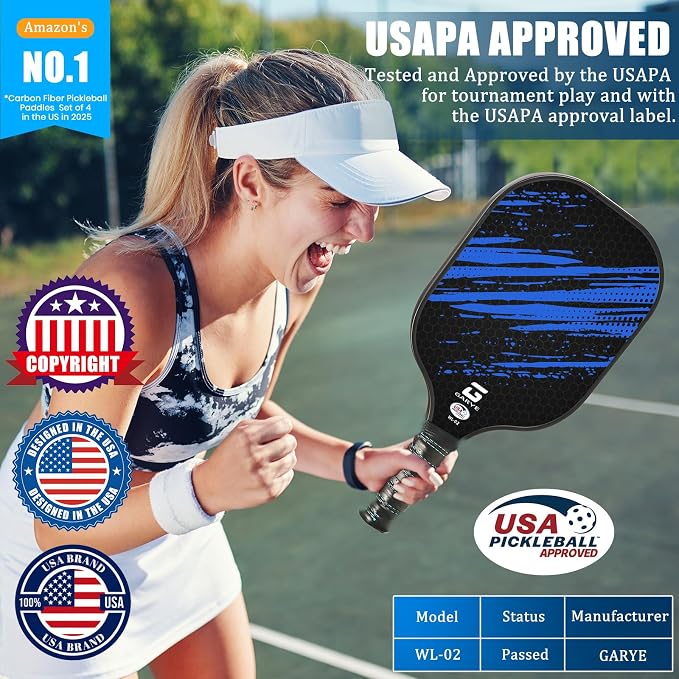 GARYE Pickleball Paddles Set of 2 or 4, USAPA Approved Carbon Fiber Pickleball Set, Lightweight Pickle Ball Rackets 2 Pack with 6 Balls, 1 Bag, Pair of Grip Tapes, Pickle Ball Paddle for Men and Women