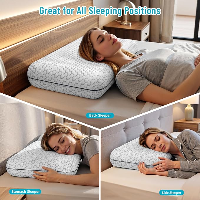 CushyOasis Memory Foam Pillows for Side, Back and Stomach Sleepers, Set of 2, Bed Pillow with Washable Cover and Breathable Mesh, Bed Pillow for Sleeping (Light Grey，Standard Size)
