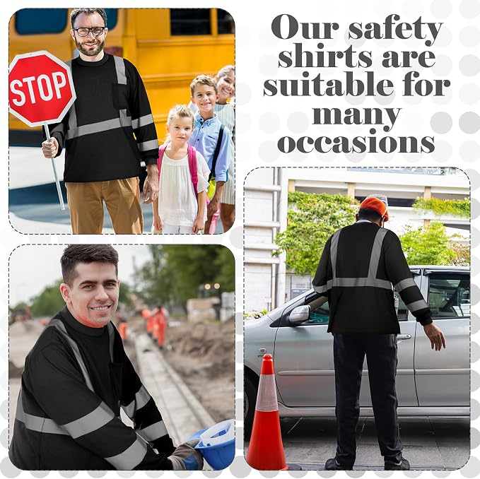 Amylove 4 Pcs Long Sleeve Safety Shirt High Visibility Reflective Construction Work Shirts for Men Women(XXXL,Black)