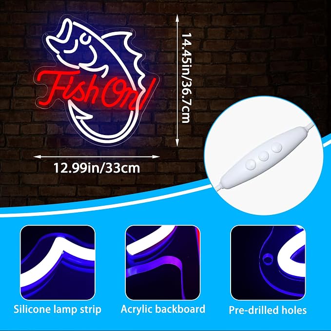 Fishing Neon Sign for Wall Decor Fishing Led Neon Light for Man Cave | Dimmable Neon,Fisherman Birthday Fishing Gifts,Led 5V USB Powered,Fishbowl,Fish Room Decor,Business Shop Wall Art,12.9*14.4in
