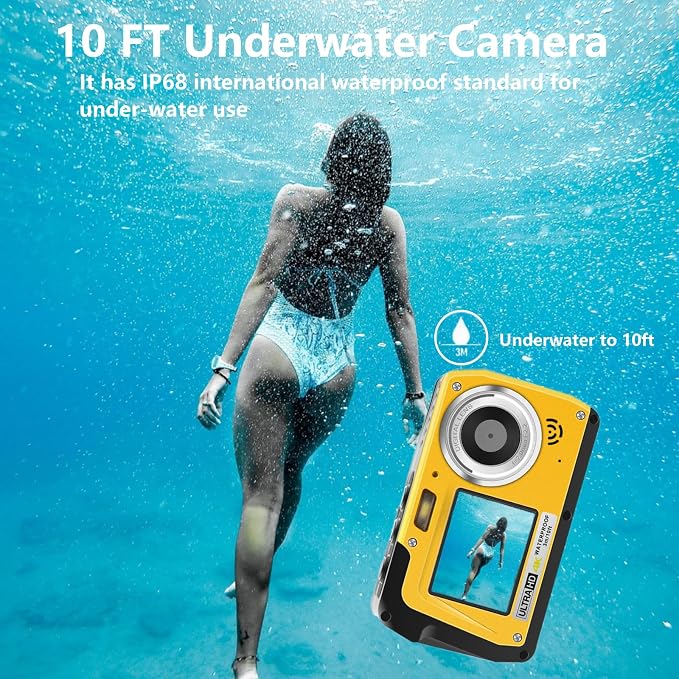 4K Underwater Camera, Full HD 4K&48MP Compact, 10FT Waterproof Camera for Snorkeling, Surfing, Rafting, Dual-Screen for Selfie/16X Digital Zoom/Fill Light/Support 128GB （Yellow）