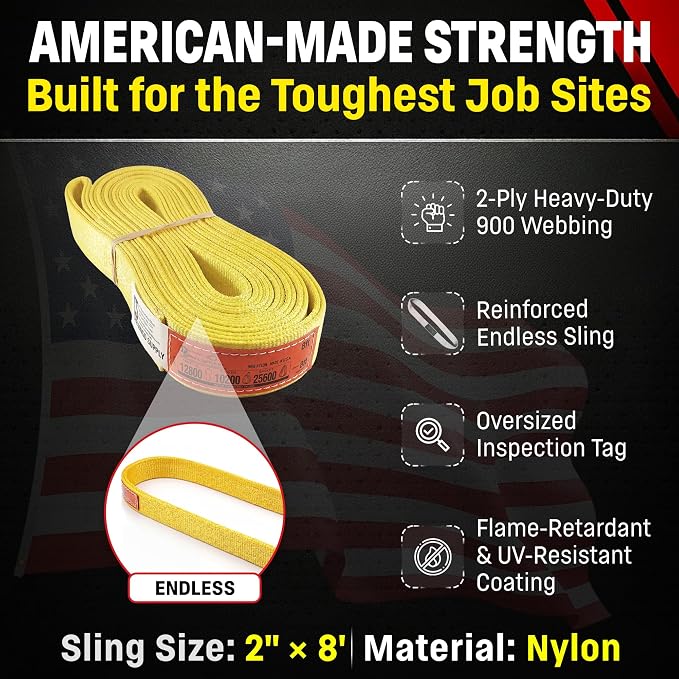 DD Sling 2" x 8' Nylon Endless Lifting Sling – USA Made, 12,800 lb Vertical, 10,200 lb Choker, 25,600 lb Basket – 2 Ply Heavy Duty 900 Webbing, Type 5 Endless Rigging Sling