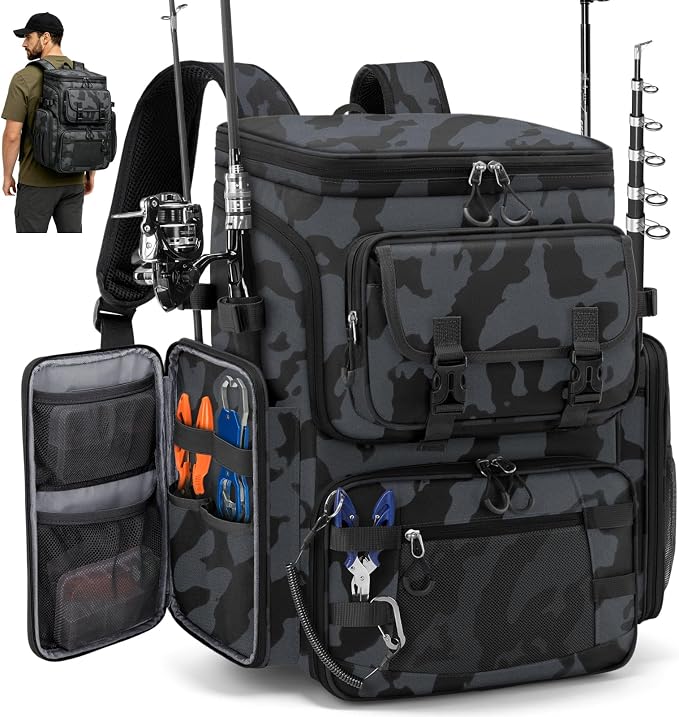 RAINSMORE Fishing Backpack, 45L Large Fishing Bag with 4 Rod Holders & Insulated Cooler Professional Fishing Tackle Backpack with Rain Cover Waterproof Tackle Bag for Men Gift, Black Camouflage