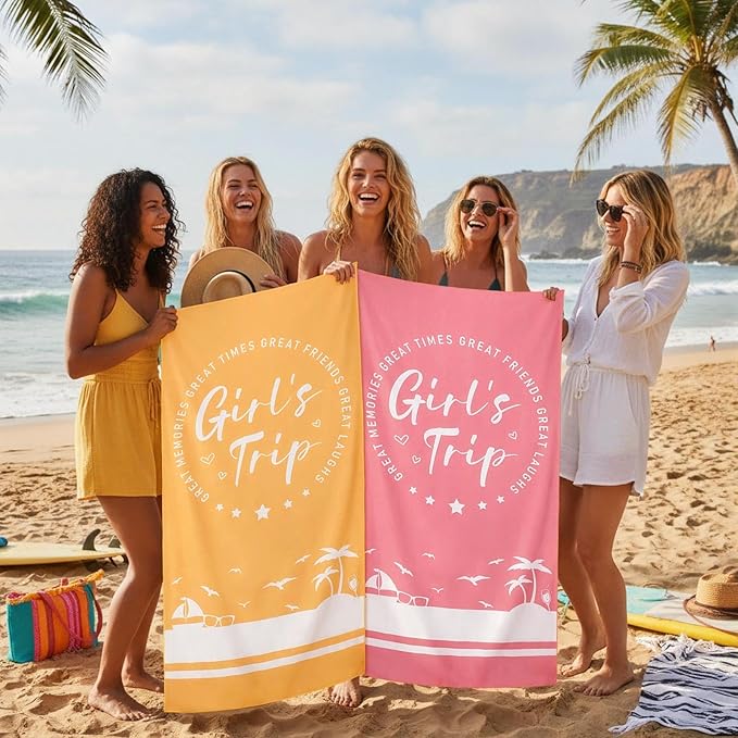 Patelai 4 Pcs Girls Trip Beach Towels Girls Trip Gifts Lightweight Microfiber Oversized 35 x 70 Inches Towels Quick Dry Colorful Easy Pack for Swimming Pool Camping Women Adult Vacation (Classic)