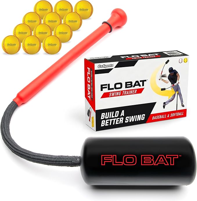 GoSports Baseball & Softball Rope Swing Trainer - Hitting System Training Equipment - Includes FLO BAT with 12 Foam Baseballs & Tote Bag