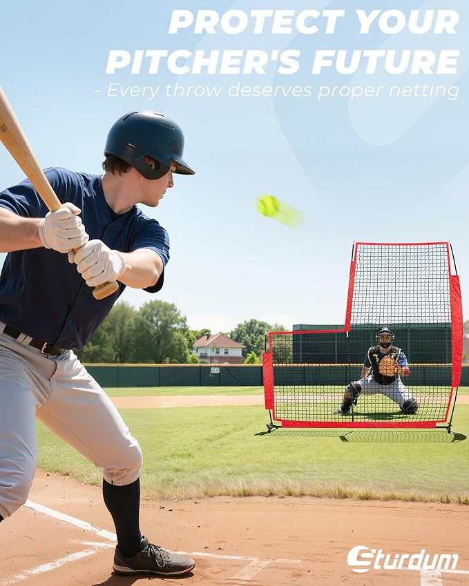 Baseball L Screen for Batting Cage, 7x7ft Pitcher Protector Net for Pitchers Protection, Includes Portable Carry Bag, 4 Ground Stakes