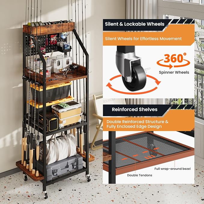 Fishing Rod Holder for Garage with Hooks & Pegboard, 3-Tier Fishing Pole Rack Holds 12 Rods, Rolling Fishing Rod Storage Organizer with Wooden Tool Box, Fishing Tackle Shelf for Anglers