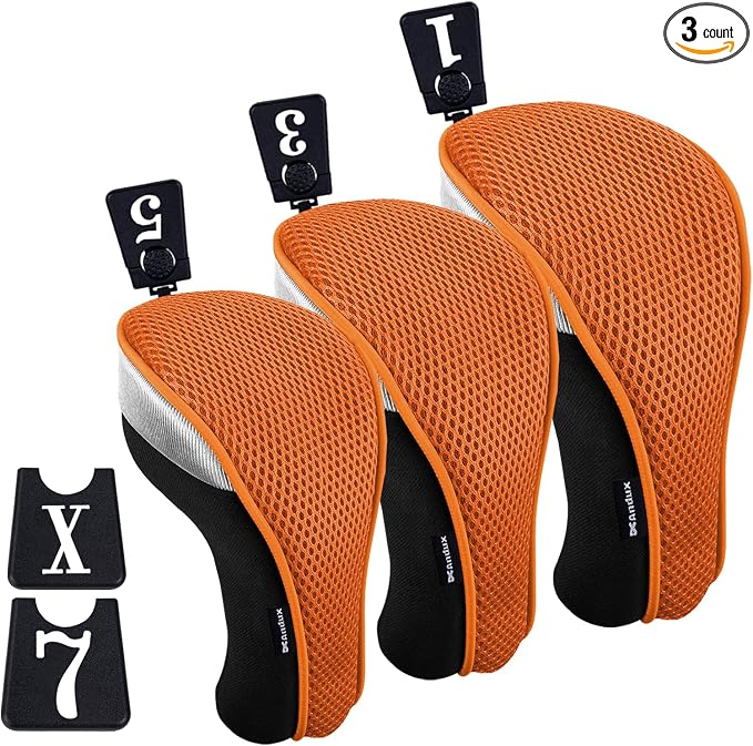 Andux 3pcs/Set Golf 460cc Driver Fairway Wood Club Head Covers | with interchangeable NO. Tags | Mesh Breathable material | Short Neck | Coloured Piping | Pull-On Closure