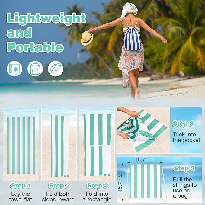 2 Pcs 2-in-1 Stripe Beach Towel Backpack, 31.5 x 63 Foldable Lightweight Microfiber Towel Bag Quick Dry Sand-Resistant Towels for Pool Camping Yoga Travel (Dark Blue,Green)