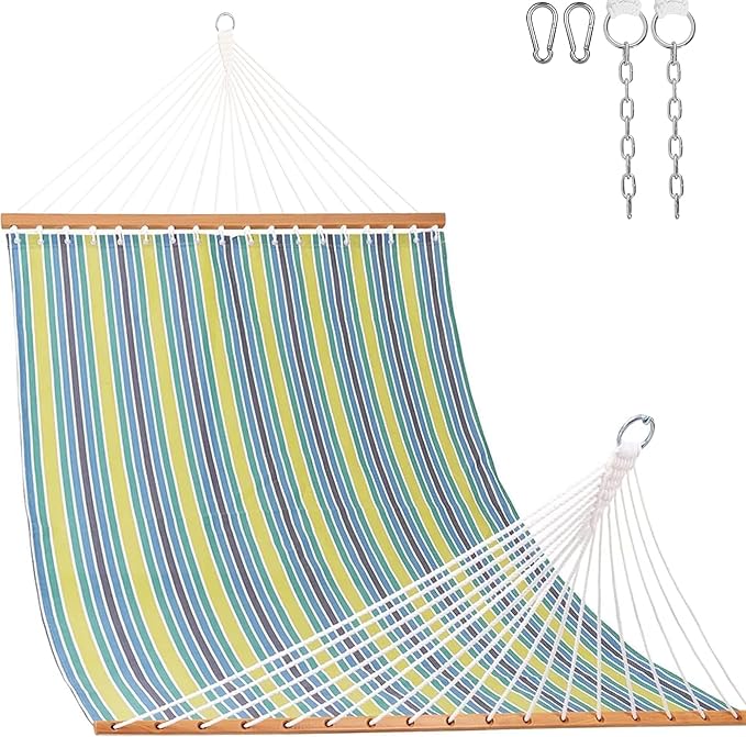 Lazy Daze Hammocks Quick Dry Hammock with Spreader Bar Textliene Fabric Double 2 Person Hammock with Chains Outdoor Patio Poolside Backyard Beach 450 lbs Capacity, Blue Green Stripes