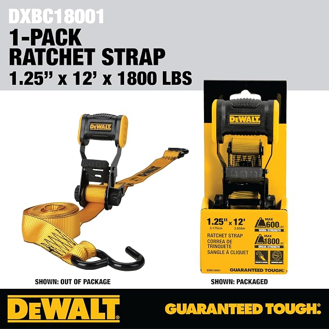DEWALT DXBC18001 Black/Yellow 1.25" x 12' Ratchet Tie Down Strap - Light-Weight Cargo Hauling (1800 lb Break Strength)