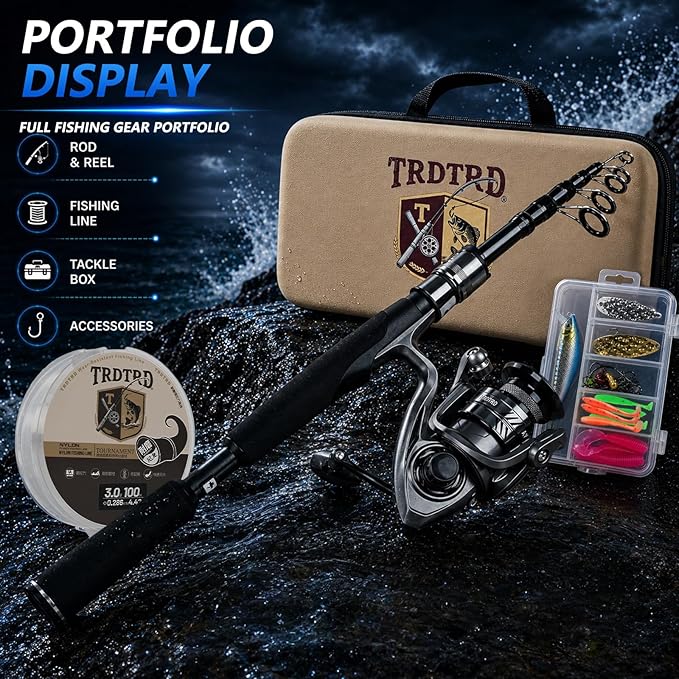 Fishing Rod and Reel Combo Kit—Telescopic Fishing Rod, Collapsible Fishing Rod, Portable Fishing Set w/Tackle Box, Lures & Bag, 4.2oz Carbon Fiber, 5.2:1 Anti-Twist Reel, Freshwater/Light Saltwater