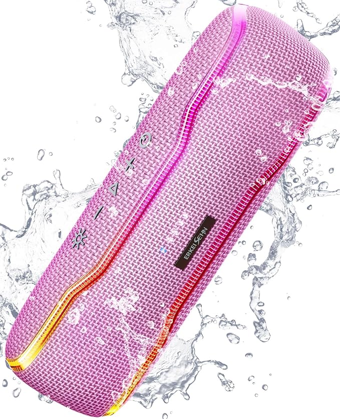 ERKEI SEHN Bluetooth Speaker, IPX7 Waterproof Wireless Speakers, Flashing Light, 25W Super Bass, 24H Playtime, Graduation Birthday Gifts for Him, TWS Pairing, Beach Essentials, Pink