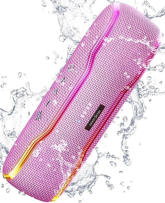 ERKEI SEHN Bluetooth Speaker, IPX7 Waterproof Wireless Speakers, Flashing Light, 25W Super Bass, 24H Playtime, Graduation Birthday Gifts for Him, TWS Pairing, Beach Essentials, Pink