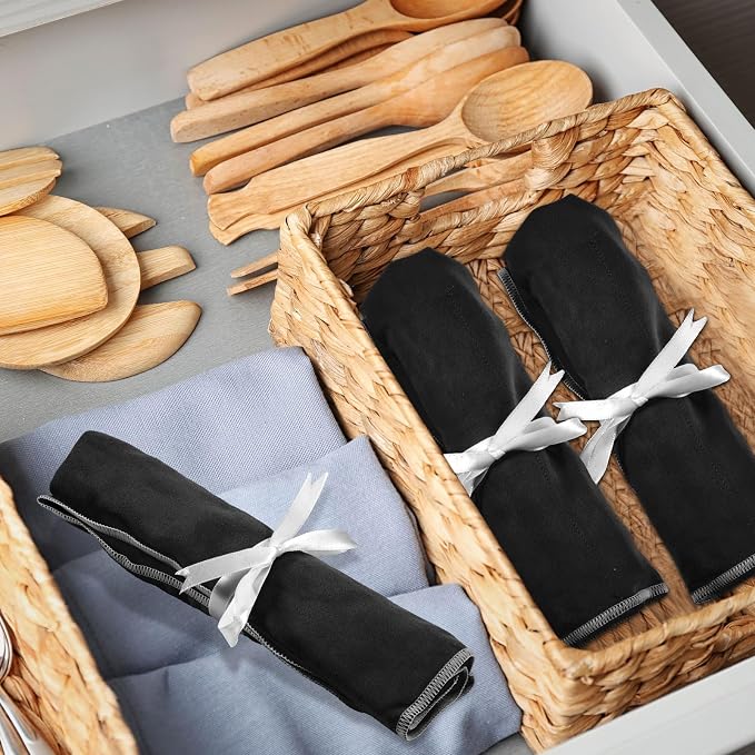 Hillban 6 Pcs Anti Tarnish Silver Storage Bags Silver Storage Cloth Felt Flatware Organizer Anti Tarnish Protector Bags Place Setting Roll with White Ribbon for Kitchen Cutlery (6 Slots,Black)