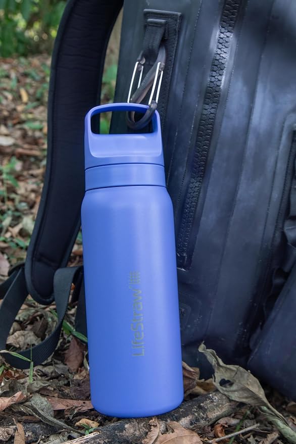 LifeStraw Go Series — Insulated Stainless Steel Water Filter Bottle for Travel and Everyday Use Removes Bacteria, Parasites and Microplastics, Improves Taste, 24 oz, Thistle Purple