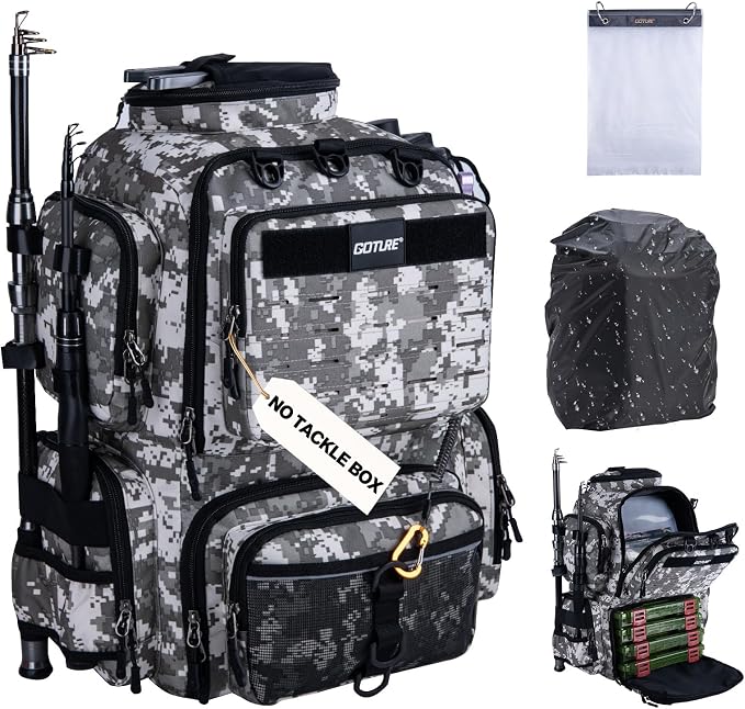 Goture Fishing Backpack, 900D Water-Resistant Tackle Backpack with Rod Holders, 45L Large Fishing Bag Storage Gear Tackle Bag with 8 Lure Pockets, Rain Cover for Camping Hiking(Without Tackle Box)