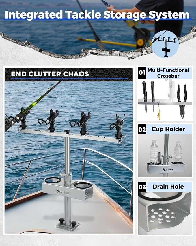 Spider Fishing Rod Holders for Boat, Aluminum Crappie Fishing Pole Mount, Adjustable Height & Angle, Boat Rod Rack for Spider Rigging