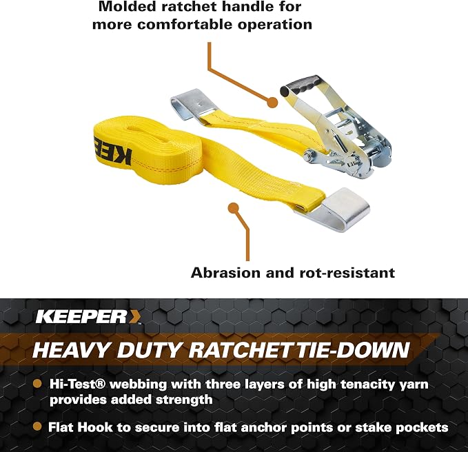 KEEPER 04623 27' x 2" Heavy Duty Ratchet Tie-Down with Flat Hooks, Yellow, 1.5" x 18.5" x 0.75"