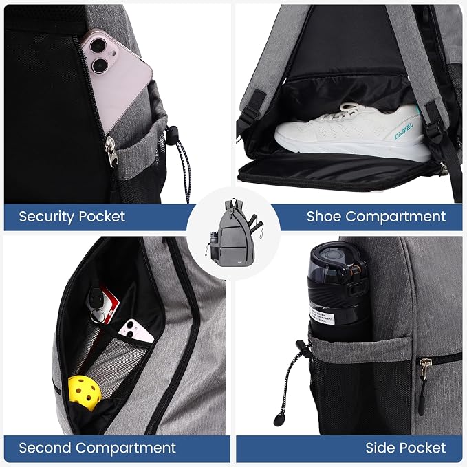 Sucipi Pickleball Bag - Men's & Women's Pickleball Backpack, Adjustable Sling Bag w/Fence Hook/Large Capacity/Safety Pocket