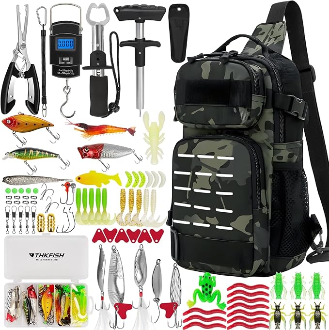 THKFISH 85Pcs Fishing Tool Kit, Fishing Backpack with Tackle Boxes Included, Fishing Tackle Kit Include Fishing Bait Lure Gear Kit, Fishing Pliers, Fish Hook Remover, Lip Gripper