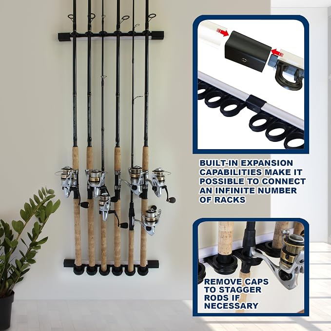 Rush Creek Creations 6 Rod Fishing Holder - Vertical/Horizontal Rack for Garage Organization and Wall Storage