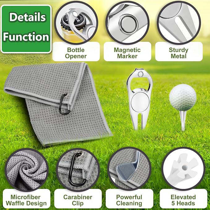 Golf Accessories for Men Women, Golf Gift Stuff with Hi-End Case, Golf Tees, Golfeball Marker, Golfer Towel, Club Brush, Divot Repair Tool, Stroke Counter and Marker Pens for Any Golf Fan, Souvenir