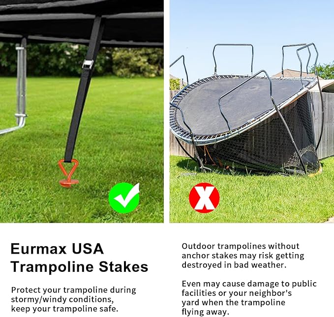 Eurmax USA 4 Pack Heavy Duty Ground Stakes,Industrial Grade Spiral Steel Screw-In Trampoline Anchors with 4 Reinforced Straps,High Wind Stabilizing Kit for Dog Tie-Out,Canopies,Sheds,Swing Sets,Orange