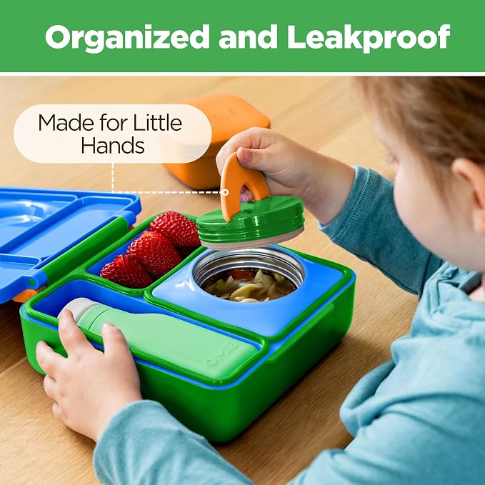 OmieBox Bento Box for Kids - Insulated Bento Lunch Box with Leak Proof Vacuum Insulated Food Jar - 3 Compartments, Two Temperature Zones (Monster Blue)