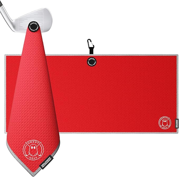 Ghost Golf Magnetic Towel (Caddie) - Premium Ultra-Absorbent Microfiber Golf Towel with Magnet for Golf Carts or Clubs - 18" x 40" Golfing Gear - Waffle Weave Pattern (Red)
