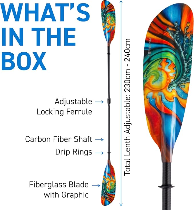 Hornet Watersports Fiberglass Kayak Paddle for Adults- Ideal for Touring, Fishing and Boating- 90.5 inches / 230CM Adjustable with Carbon Fiber Shaft- Kayak Oars Kayaking Equipment