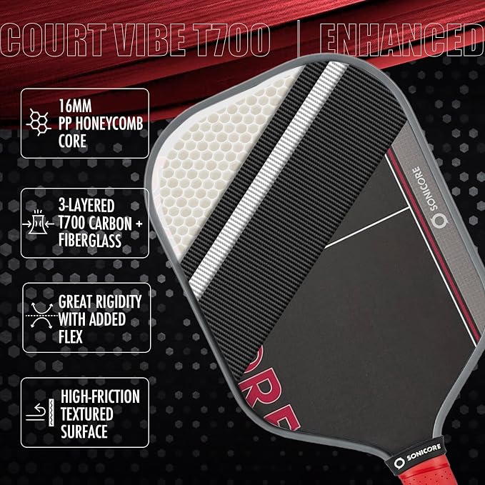 Pickleball Paddle Set, T700 Carbon Fiber, 16mm Core for Control & Spin, Includes 1 Paddle, Paddle Sleeve Cover, 2 Wristbands & 1 Grip Tape | Sonicore CourtVibe