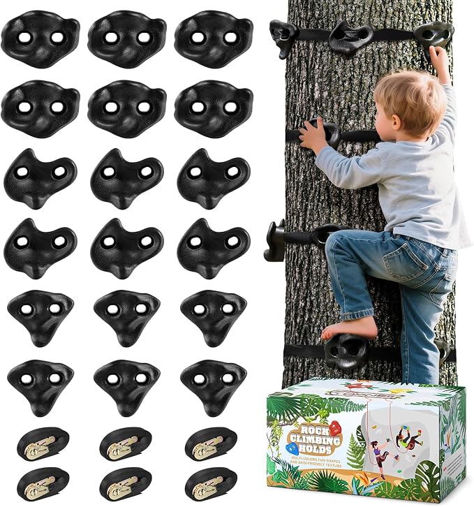 TOPNEW 18PCS Ninja Tree Climbing Holds and 6 Sturdy Ratchet Straps for Kids Tree Climbing, Large Climbing Rocks for Outdoor Ninja Warrior Obstacle Course Training