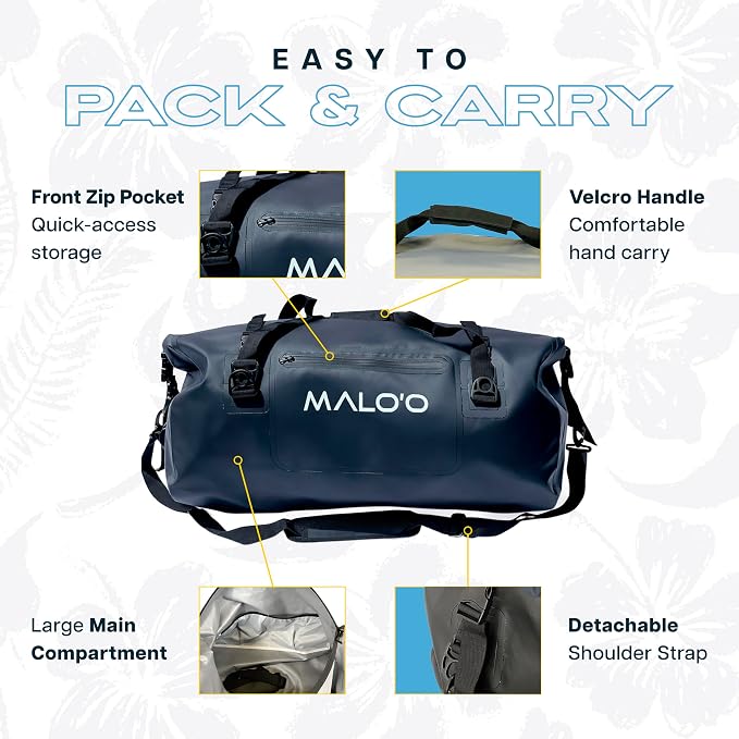Malo’o Waterproof Dry Duffel, Heavy-Duty Roll Top Waterproof Gear Bag with Shoulder Strap & Molle Loops, Marine Duffel for Kayaking, Boating, Camping, Beach & Travel, Black, 60L