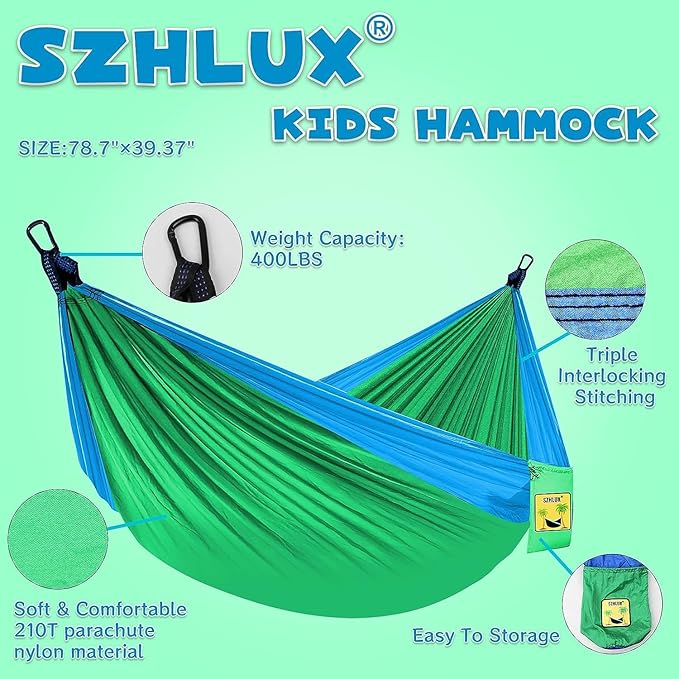 SZHLUX Kids Hammock - Kids Camping Gear, Camping Accessories with 2 Tree Straps and Carabiners for Indoor/Outdoor Use, Sapphire Blue & Grass Green