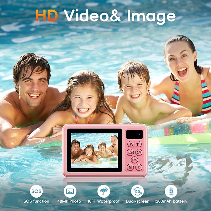 Underwater Digital Camera - MaxMango 10 FT Waterproof Floating Camera with 32GB Card, Dual Screen Selfie Camera for Snorkeling, Swimming, Skiing, 48MP 18X Autofocus Compact Point and Shoot Digital