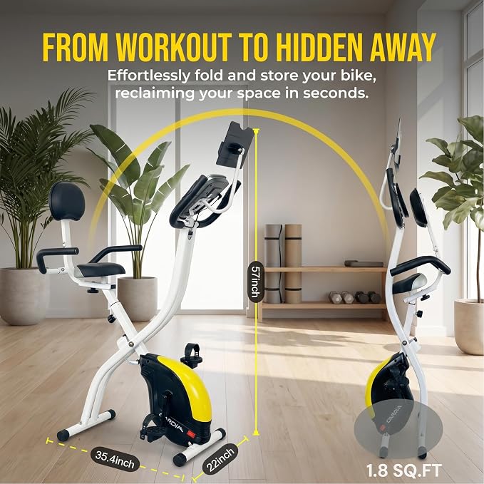 Folding Exercise Bike, Foldable Upright Stationary Bike, Indoor Cycling Magnetic X-Bike with 16-Level Electronic Resistance, Back Support Cushion for Home Gym