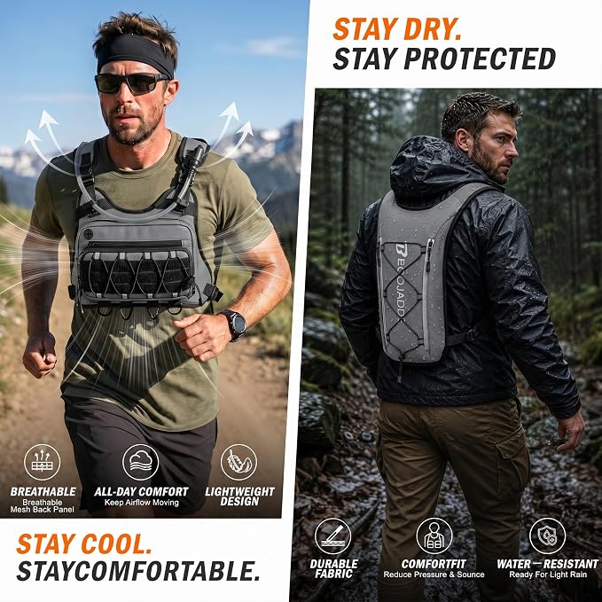 BECOJADDE Running Vest for Men with 2L Water Bladder Tactical Hydration Backpack Adjustable Lightweight Chest Pack for Marathon Hunting Cycling