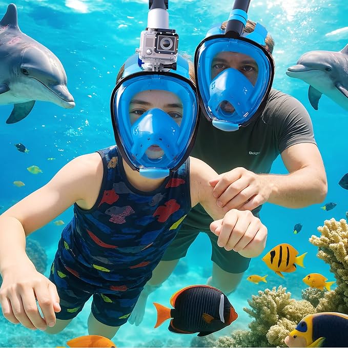 Greatever G2 Adults Kids Full Face Snorkel Mask 2 Pcs,Snorkeling Gear with Latest Dry Top System,Foldable 180 Degree Panoramic View,Safe Breathing,Anti-Leak&Anti-Fog Snorkeling Mask with Camera Mount