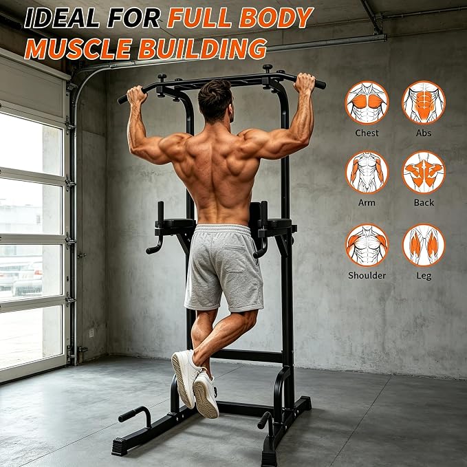 Power Tower Pull Up Bar and Dip Station, 11-Height Adjustable Pull Up Bar Station for Home Gym, Multi-Function Strength Training Fitness Equipment for Pull Ups, Dips, Push Ups & Knee Raises